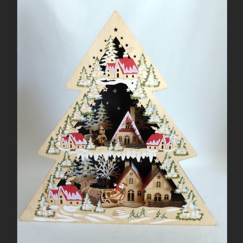 NEW 17” CHRISTMAS LED LIGHT UP LASER CUT WOOD SANTA CLAUS WINTER VILLAGE SCENE - Picture 2 of 16